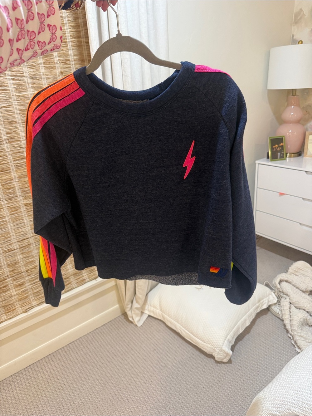 Aviator Nation Navy Sweatshirt with Neon Pink & Orange Stripes
